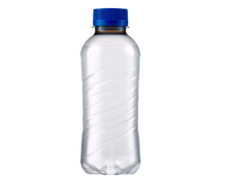 Hydration Refreshment: A pristine, transparent water bottle, topped with a vivid blue cap, offers a visual of refreshment.