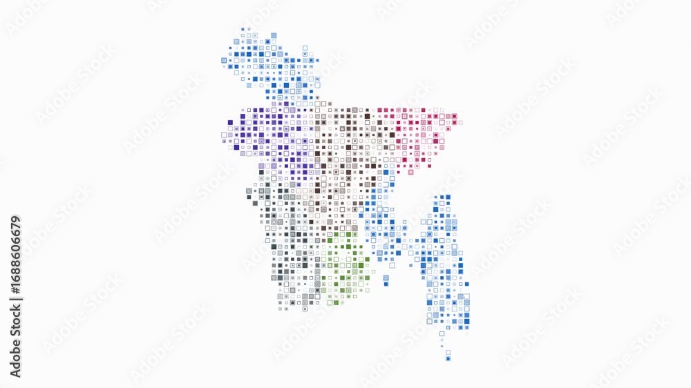 Poster bangladesh map animation. shape of the country with pulsating colored dots. small size square blocks