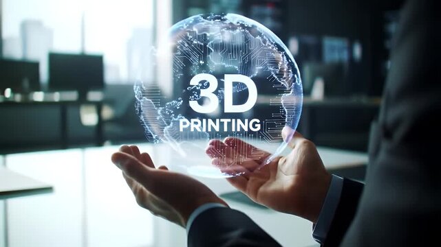 Businessman Holding Holographic 3D Printing Globe in Modern Office