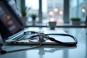 A stethoscope lies on a laptop.