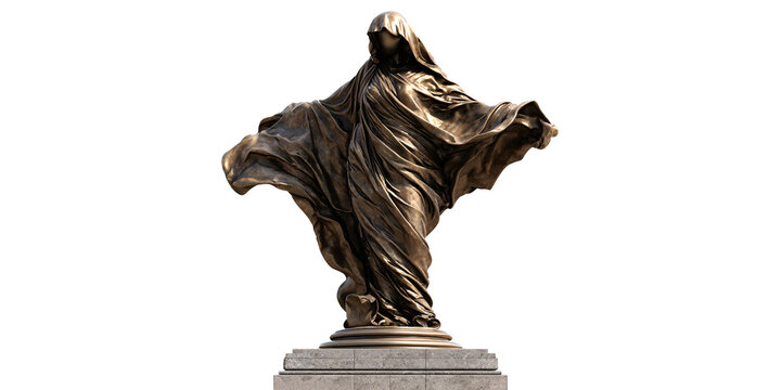Bronze statue of a draped figure with flowing fabric, symbolizing mystery, death, and the unknown in a dramatic and artistic rendering