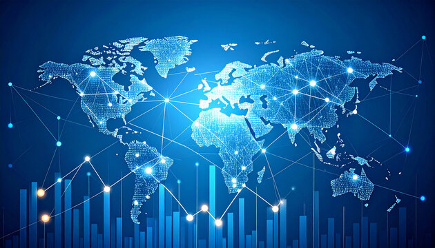 G20 summit economic policy concept with digital world map and glowing network lines showing global connection and financial growth