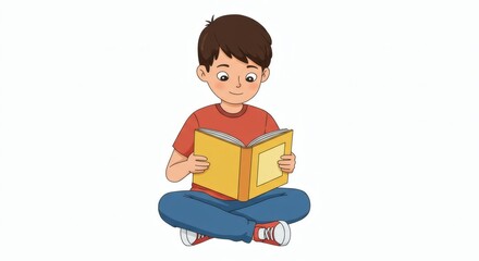 An illustration of a boy sitting cross-legged while reading a book. This image is ideal for educational themes, reading hobbies, or productive leisure activities.