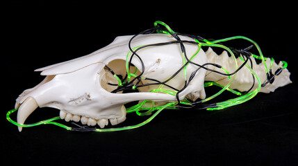 Translucent cat skull with glowing neurons and emerald-green tendrils in dark void
