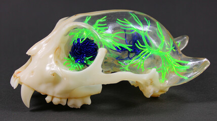 Translucent cat skull with glowing neurons and emerald-green tendrils in dark void
