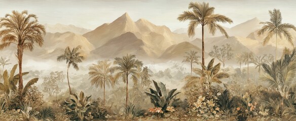 Misty mountain vista, lush tropical landscape