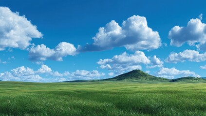 Fototapeta premium Wide vista of a grassy plain stretching to a distant hill under a vibrant blue sky dotted with fluffy white clouds