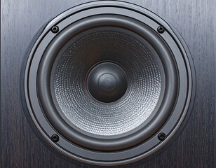 Close-up of a dark speaker cone, centrally positioned within a dark wood enclosure