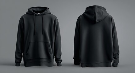 A plain black hoodie shown from front and back on a gray background, showcasing its simple design and kangaroo pocket