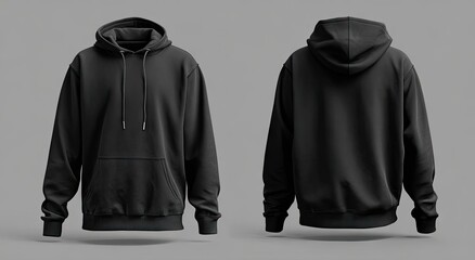 A plain black pullover hoodie is shown from the front and back, showcasing its simple design and solid color.  The hoodie features a drawstring hood and kangaroo pocket