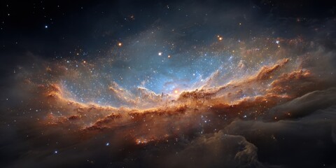 Cosmic nebula, swirling clouds of orange, tan, and blue, studded with distant stars