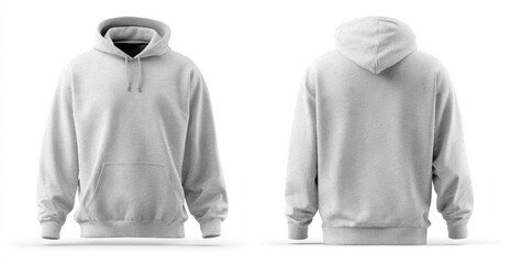 A plain, light grey hoodie shown from front and back, showcasing its simple design, kangaroo pocket, and drawstring hood