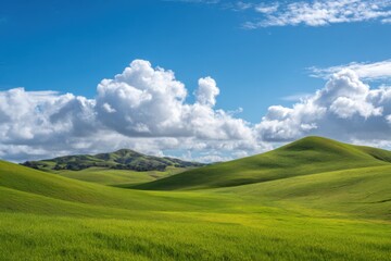 Obraz premium Rolling hills of vibrant green grass under a vibrant blue sky dotted with puffy white clouds