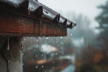 Rain dripping from a rustic wooden eavestrough