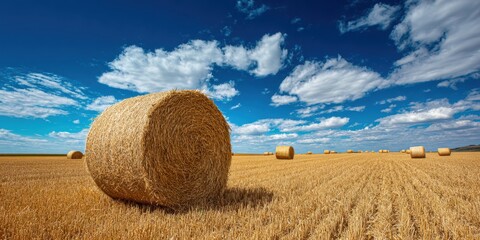 The Golden Bales Nestled in an Expansive Wheat Field Under Clear Blue Skies