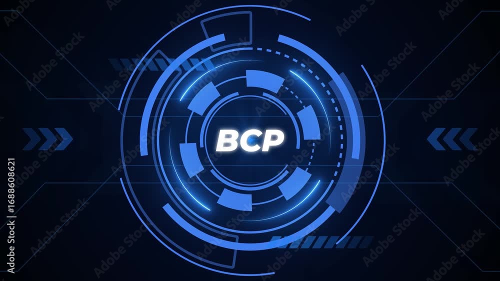 Poster futuristic blue hud circle with bcp text and abstract geometric background keywords: bcp, business c