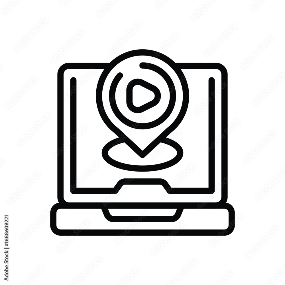Poster line art of a laptop with a play icon location pin on the screen. editable stroke. vector icon illus