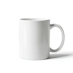 A plain, white ceramic mug with a C-shaped handle, sitting on a white background, casting a subtle shadow