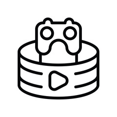 Outline depicts VR headset atop a cyl. Editable stroke. Vector icon illustrationindrical base featuring a play button. Editable stroke. Vector icon illustration