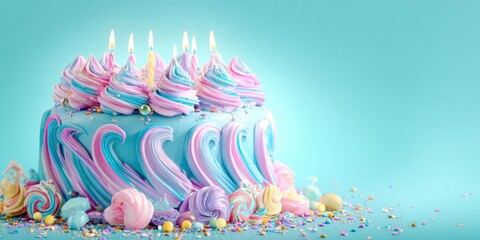 The vibrant cake adorned with swirled frosting and colorful sprinkles.