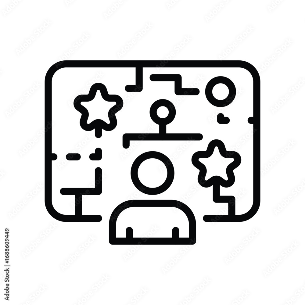 Poster person in front of an interactive screen with stars and circular elements. editable stroke. vector i