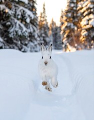 White rabbit leaping through snowy forest trail