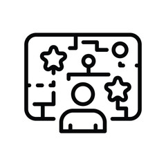Person in front of an interactive screen with stars and circular elements. Editable stroke. Vector icon illustration