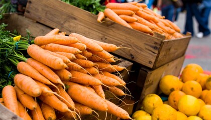 Fresh carrots in wooden crates at a farmers market
