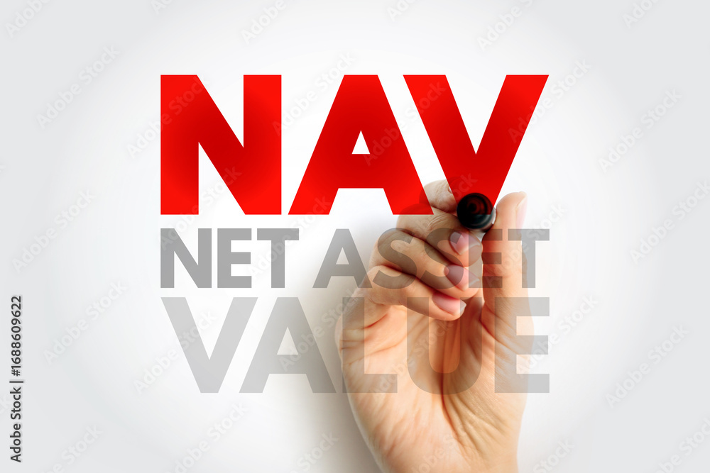 Poster nav net asset value - company's total assets minus its total liabilities, acronym text concept backg
