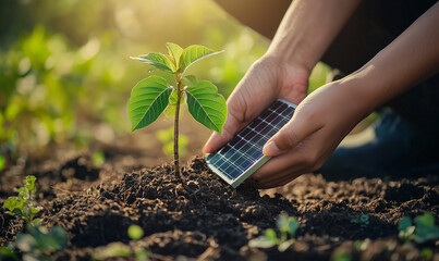 Planting clean energy technology solar innovation in agriculture outdoor environment close-up viewpoint for sustainable growth