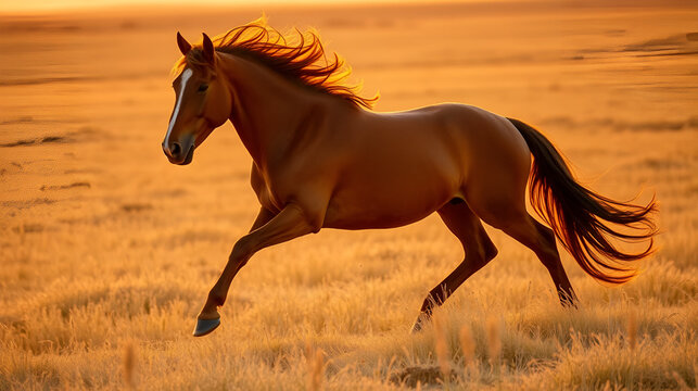 A horse gallops freely across a golden field at sunset, its mane flowing in the wind.