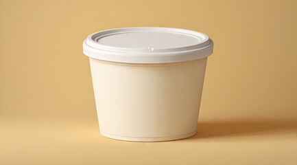 A plain white cylindrical food container with a snug-fitting white lid sits on a pale yellow background, appearing ready for its contents