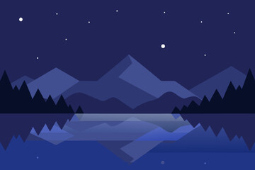 Minimalist mountain landscape vector illustration with starry night and reflecting water