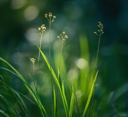 Close-up of vibrant green grass with delicate flowers. Sunlight highlights slender blades and tiny blossoms. Soft, blurred background of deeper greens and bokeh