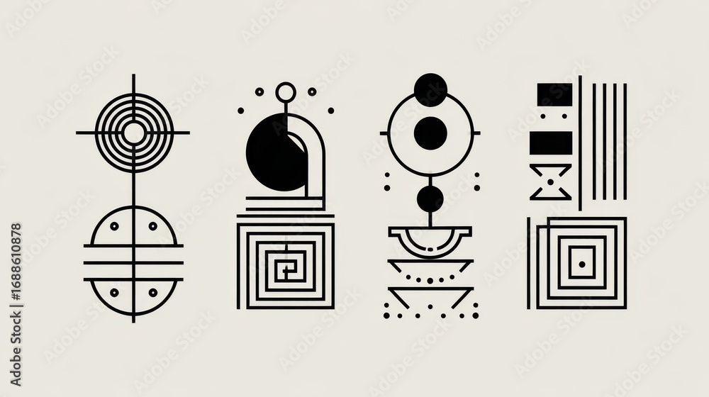 Poster multiple abstract patterns showcase a blend of circular and linear shapes arranged in a balanced com
