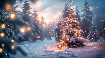 Snowy winter landscape with pine trees and Christmas lights, magical atmosphere.