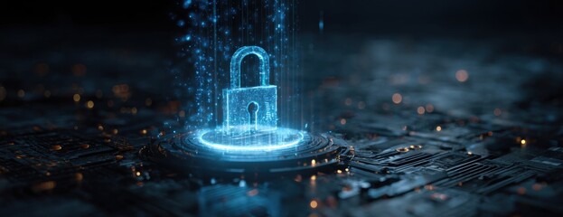 Holographic lock graphic on futuristic circuit board