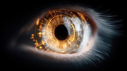 Close-up of a human eye with an iris digitally enhanced with golden glowing circles and lines, creating a futuristic, technological effect