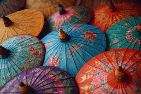 Colorful hand-painted umbrellas, various shades, close-up view
