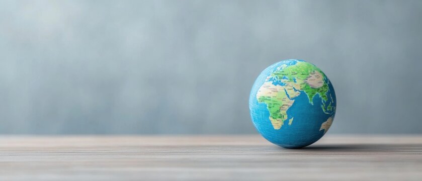 Colorful globe on wooden table against soft gray background with space - Powered by Adobe