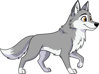 Cute cartoon gray wolf walking happily with bright eyes, fluffy tail, and friendly expression, perfect for wildlife or nature designs.