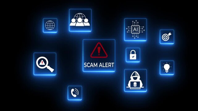 Scam alert warning. cybersecurity concept. Woman using laptop, warning sign for scams with icons representing online threats, phishing. Unknown person, Motion graphics of scam alert concept.