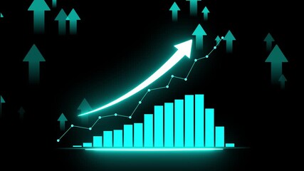 Stock market growth concept with glowing green arrows, rising bar chart and financial success representation in digital economy 3D Renderiny. Data Analytics Bar Graph Futuristic World Concept - Powered by Adobe