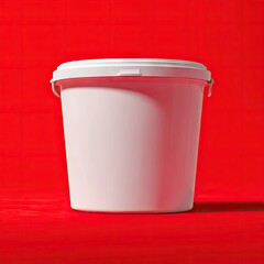 A plain white plastic pail with a tight-fitting lid sits centered against a vibrant red backdrop, casting a subtle shadow