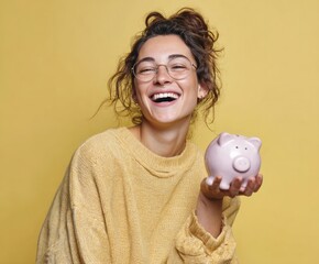A joyful woman in a mustard yellow sweater holds a pink piggy bank against a bright yellow backdrop.
