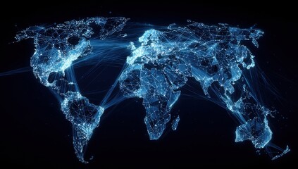 Global network map.  World map rendered with glowing lines, representing global connections.  Countries outlined, with dense network of light-blue lines crisscrossing.  Dark background