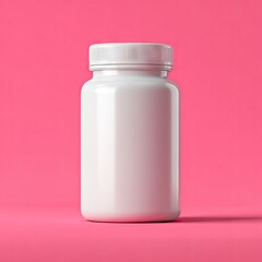 A plain white plastic pill bottle with a white lid sits on a vibrant pink background.  The bottle is cylindrical, smooth, and unlabeled