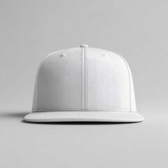 A plain white snapback hat, structured, flat-brimmed, and subtly textured, sits centrally against a neutral gray backdrop