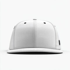 A plain white structured baseball cap, front view, featuring a flat brim, subtle stitching, and small dark accents