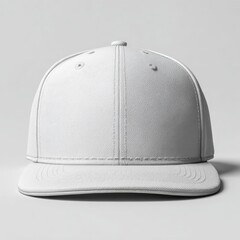 A plain white structured baseball cap, front view, on a neutral background, showing stitching details and a flat brim